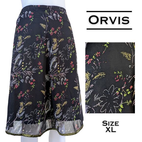 VTG Orvis A-Line Skirt Size XL Black Red White Floral Sheer Flowy Dressy Career - Picture 1 of 9